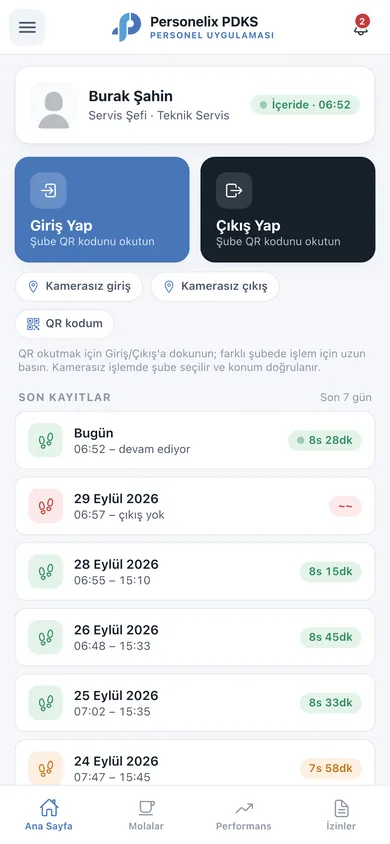 Personelix PDKS personel uygulaması ana ekranı