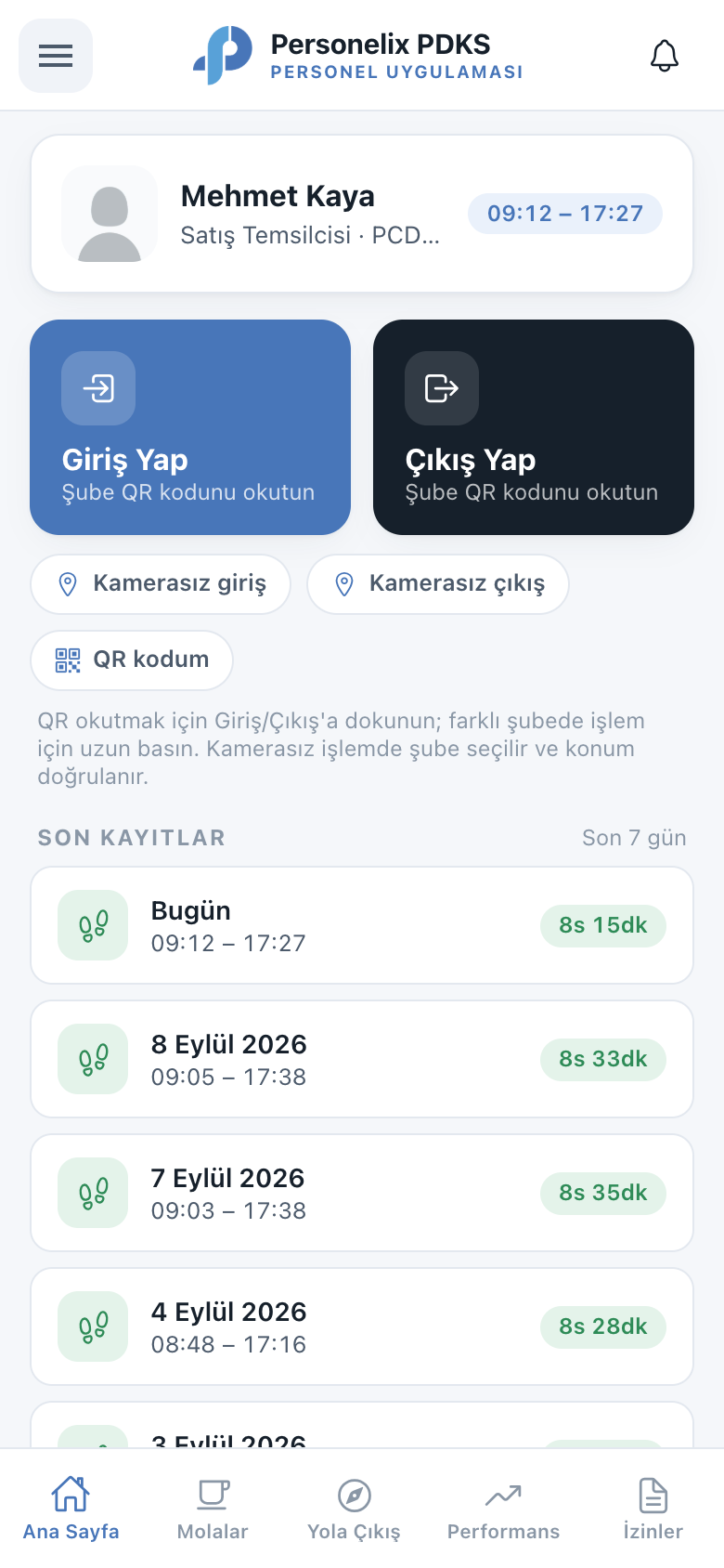 Personelix PDKS personel uygulaması ana ekranı